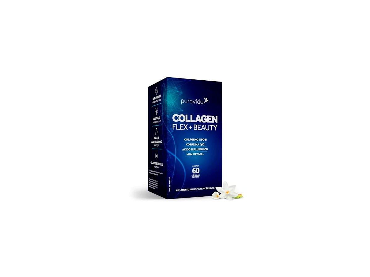 Collagen Flex Beauty Colágeno Tipo II com Ácido Hialurônico e CoQ10 60 Cápsulas - Puravida