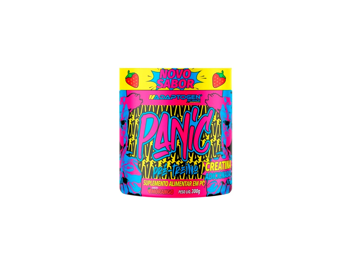 Adaptogen Science Panic Pré-Workout 300 g — sabor Morango, fórmula com 400 mg de cafeína
