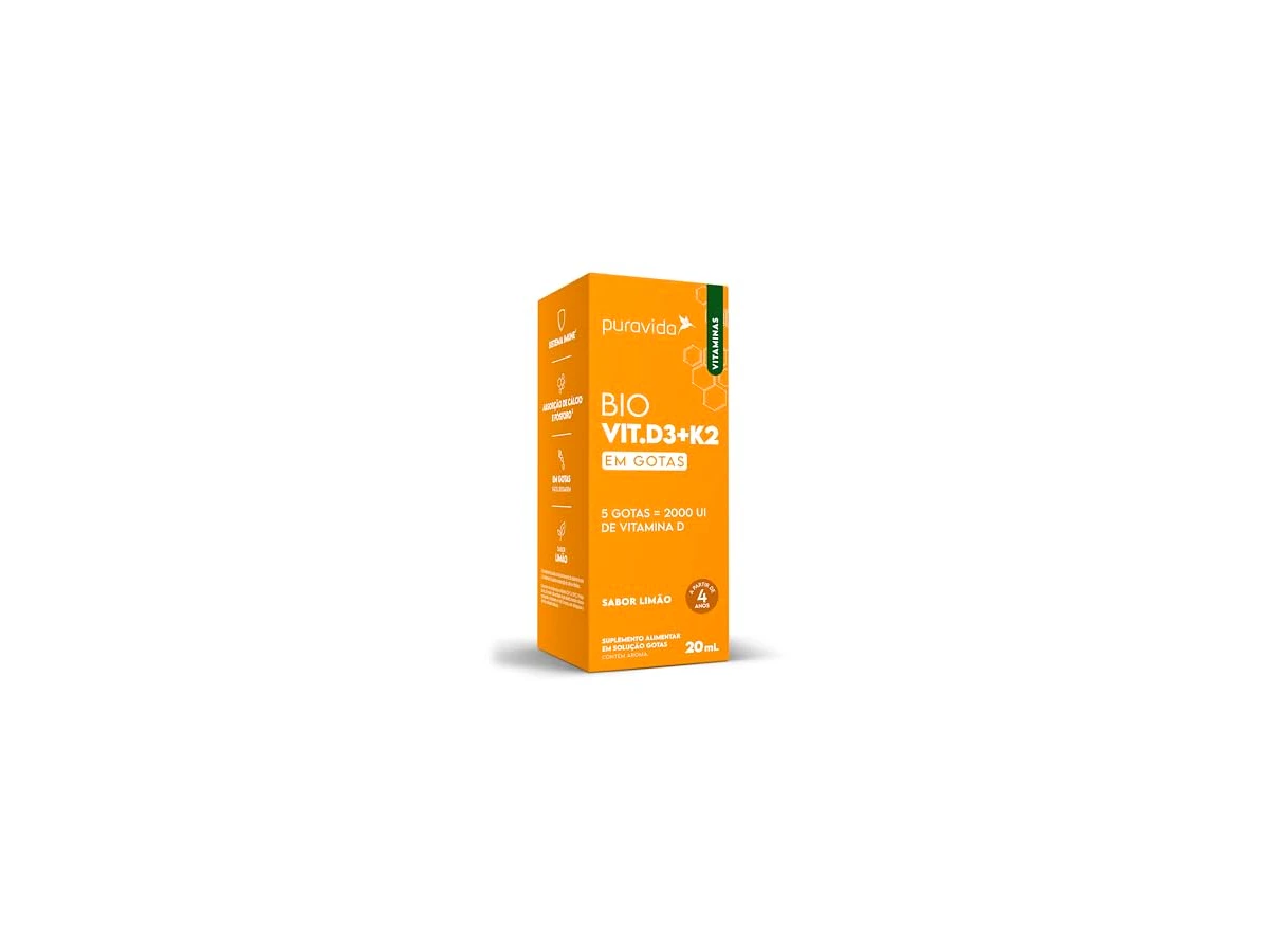Vitamina D3 Drops 2.000 UI / gota em Óleo de Coco Sabor Limão - Gotas (Puravida, 20ml)