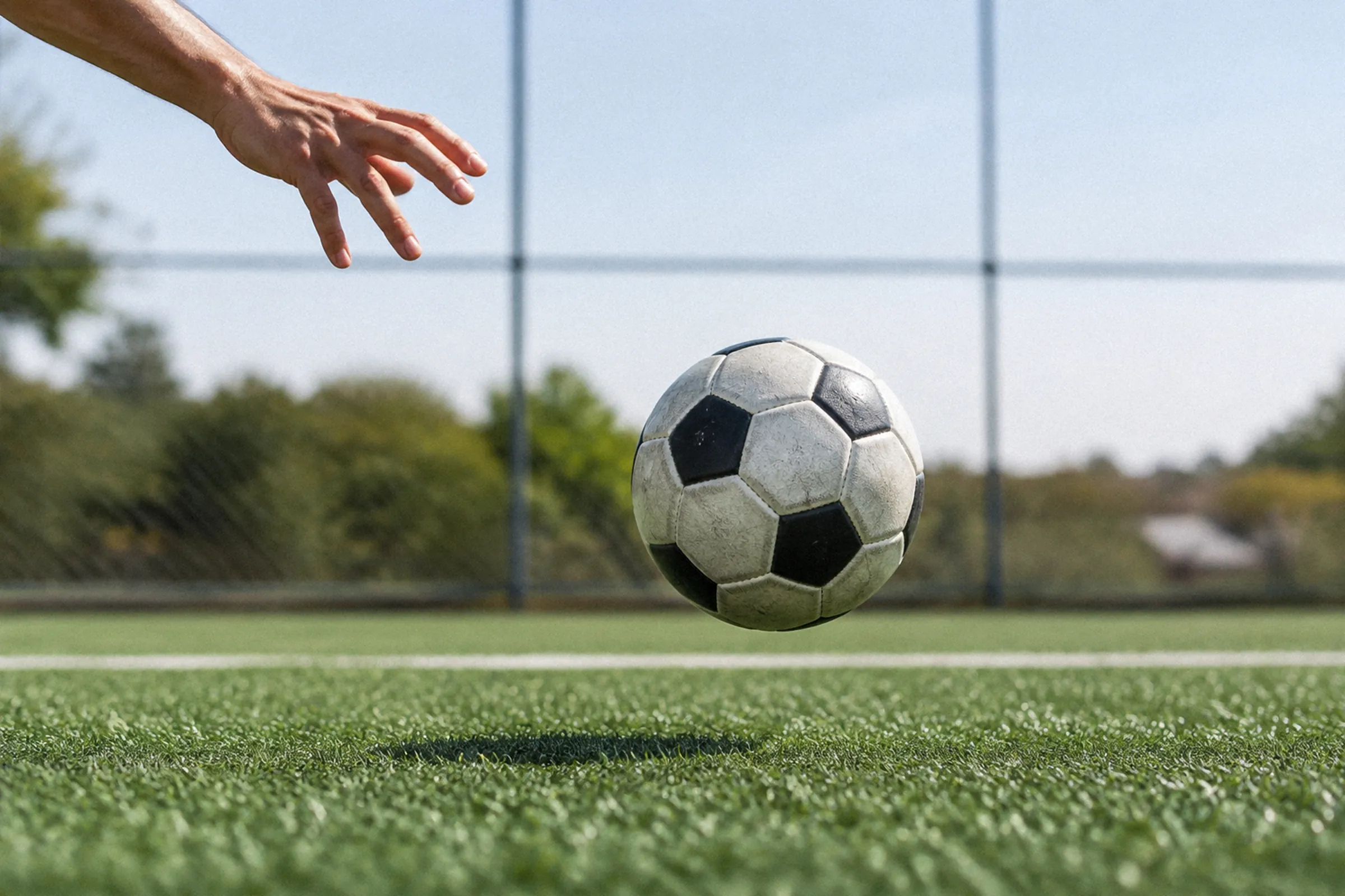 Enquadramento lateral rente ao gramado sintético mostra uma bola de society no ar após tocar o piso, com a mão aberta de quem a soltou acima.