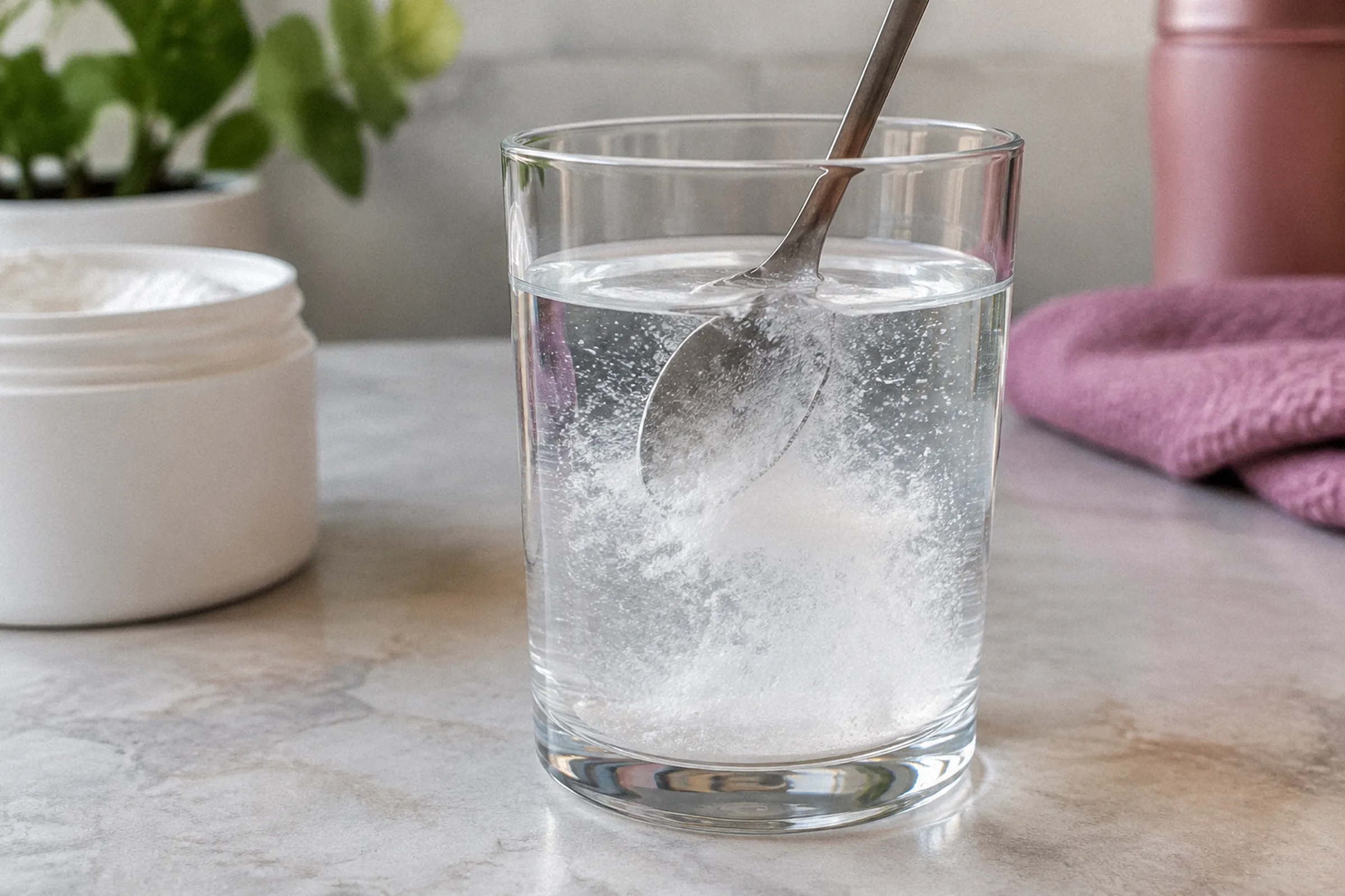 Enquadramento próximo de um copo transparente enquanto uma colher mistura o pó na água, deixando visíveis o líquido, a dispersão e o fundo do recipiente.