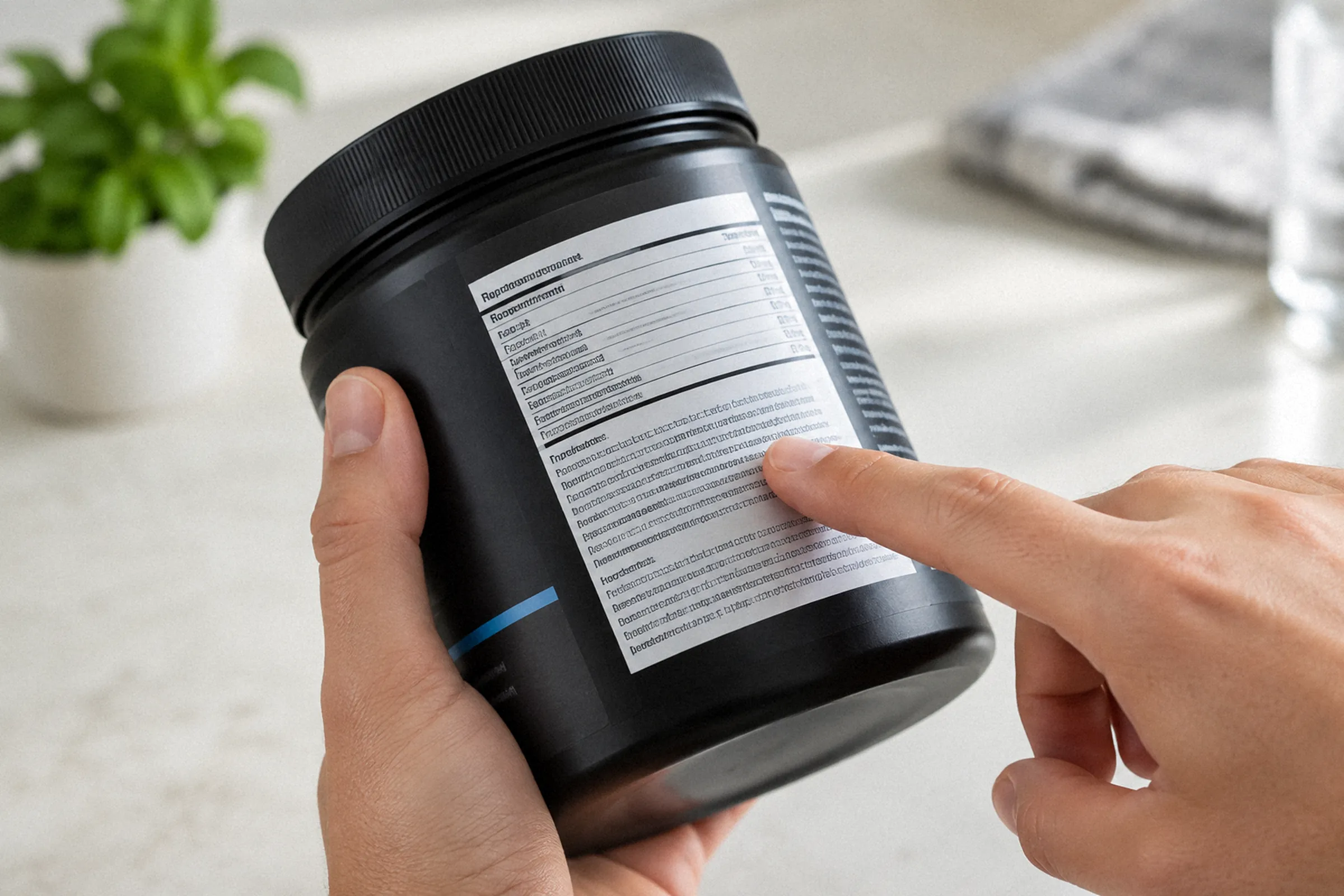Embalagem de creatina é segurada com a lista de ingredientes ampliada no enquadramento, enquanto um dedo acompanha as linhas do rótulo.