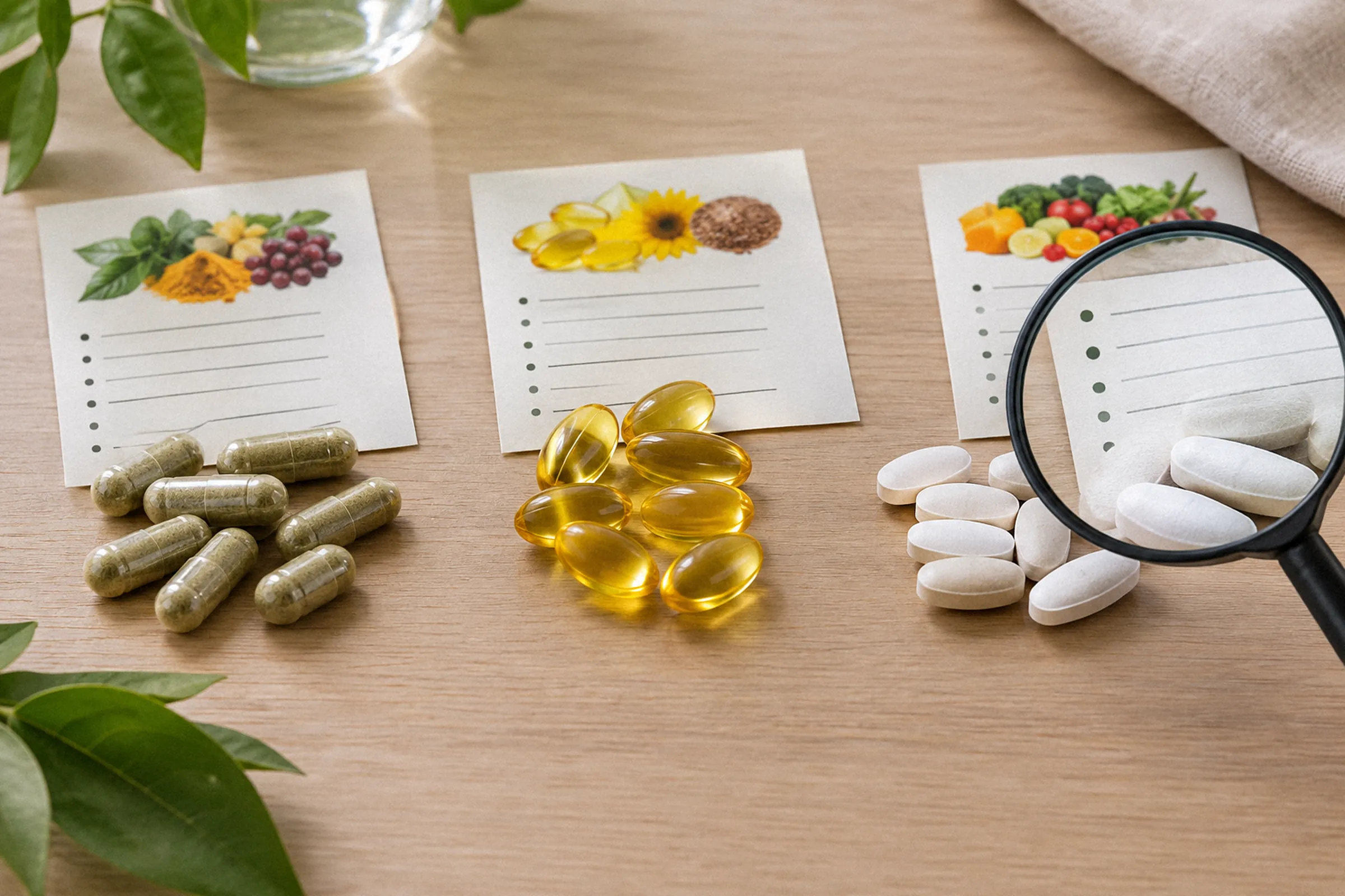 Close mostra cápsulas vegetais, softgel e comprimidos revestidos ao lado das respectivas listas de ingredientes, com uma lupa sobre os excipientes.