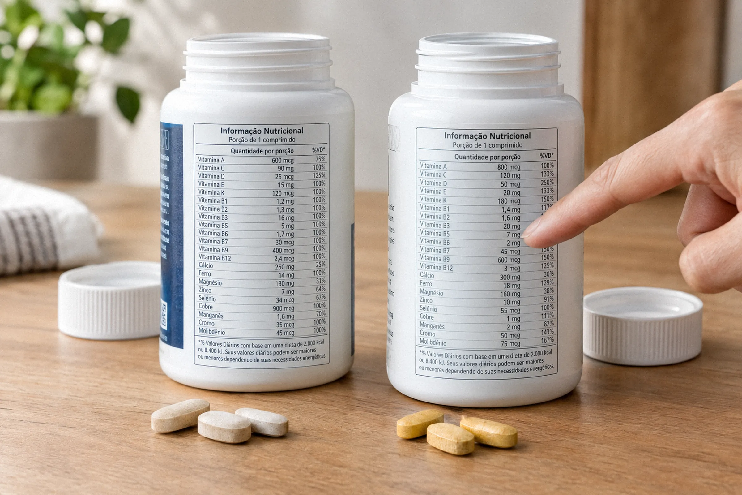 Embalagens genéricas abertas exibem os rótulos nutricionais lado a lado, enquanto um dedo acompanha as linhas de vitaminas, minerais e outros compostos.