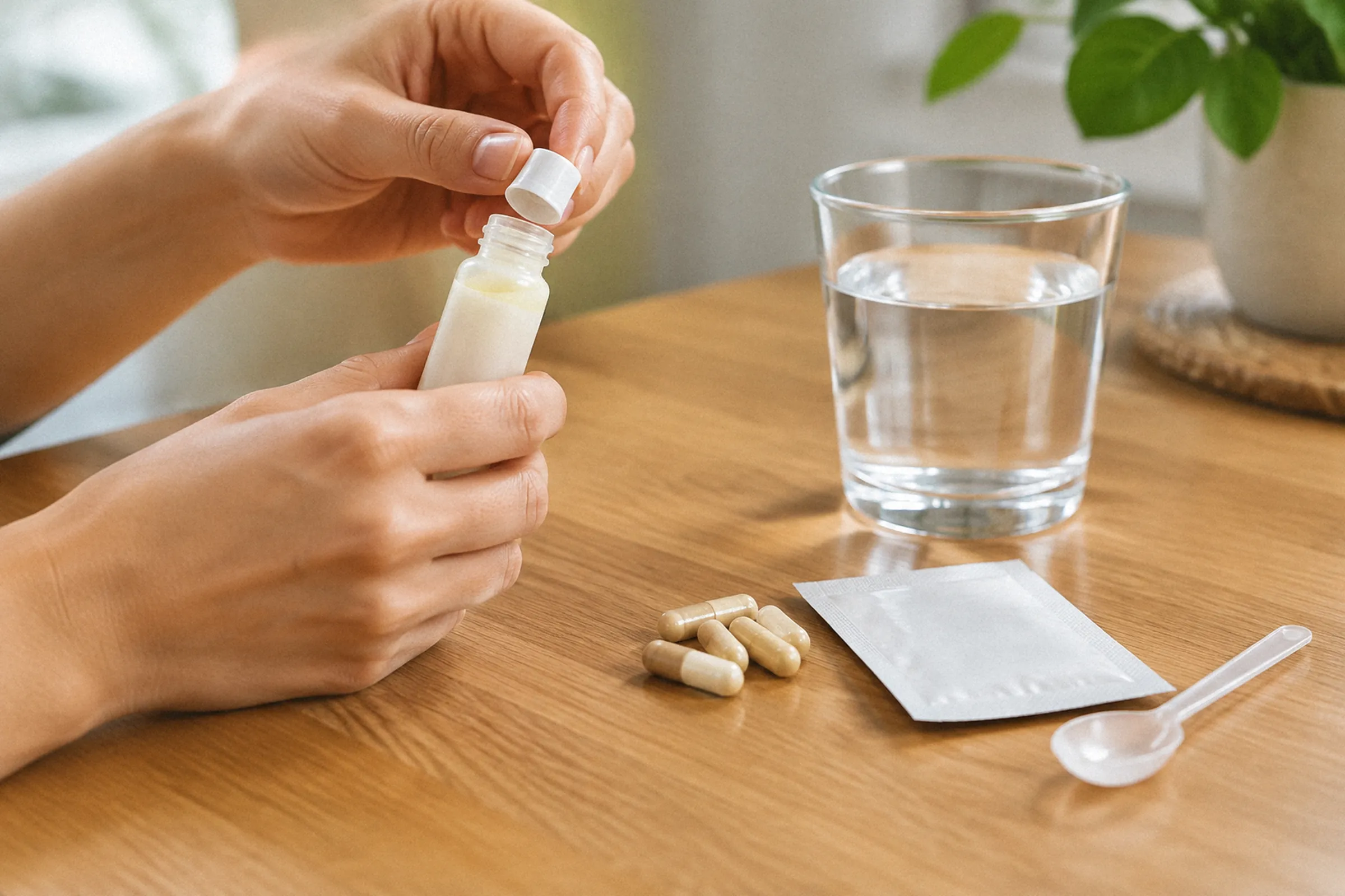 Mão abre um flaconete líquido pronto para beber; ao lado, cápsulas e um sachê aparecem com copo e colher sobre a mesa.