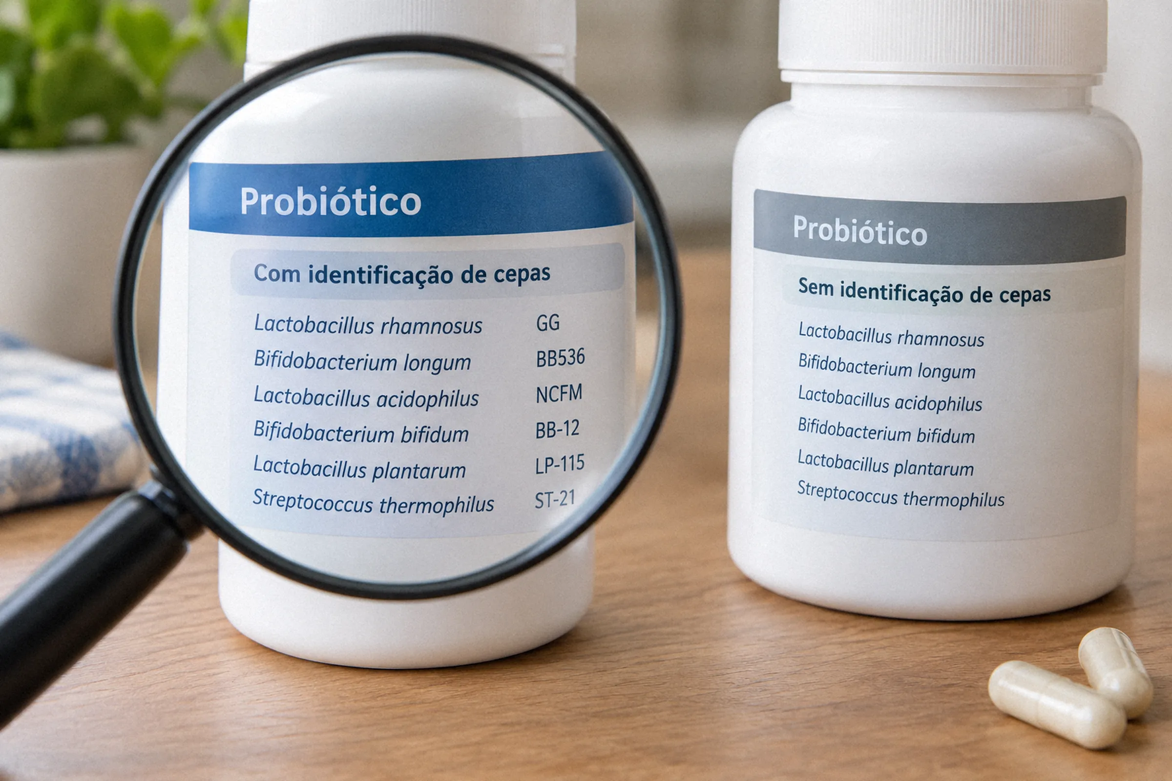 Enquadramento fechado de rótulos sob uma lupa, mostrando listas de microrganismos com e sem identificadores alfanuméricos de cepa.