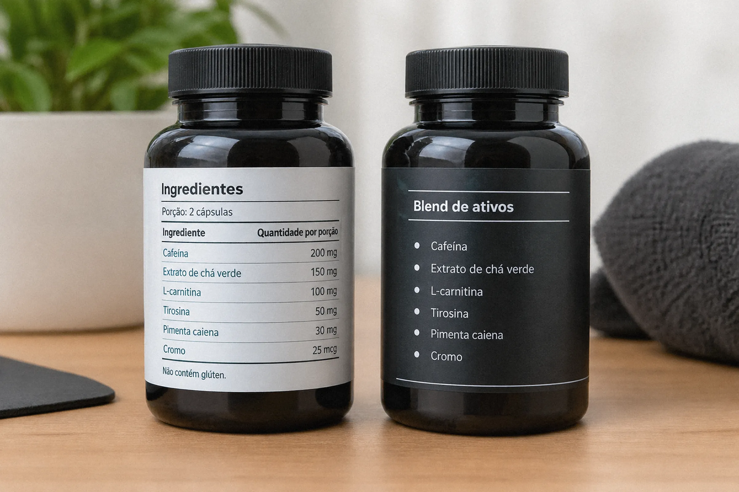 Enquadramento fechado mostra dois rótulos lado a lado, um com quantidades discriminadas por ingrediente e outro com ativos sem quantidades individuais.