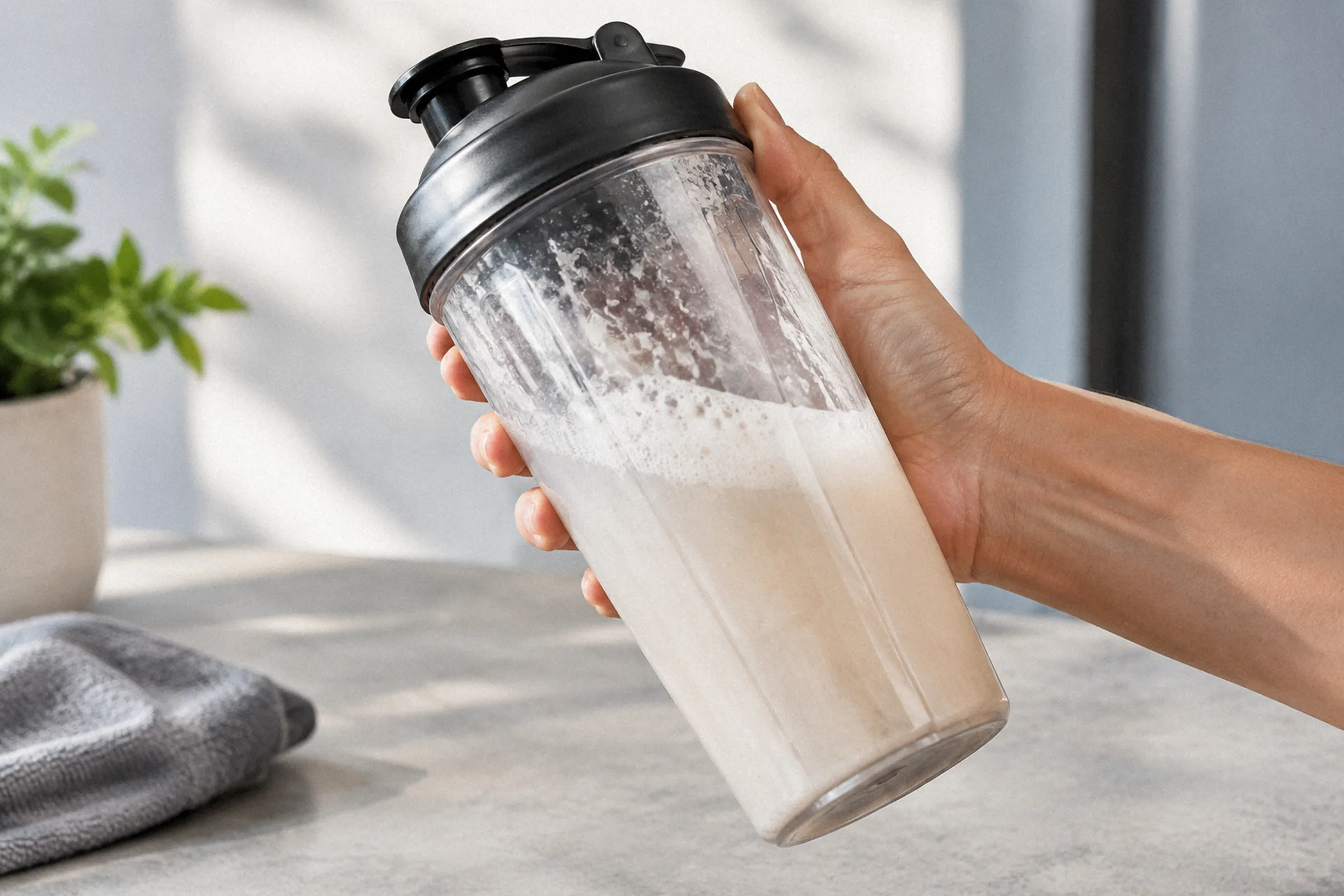 Mão agita uma coqueteleira transparente com água e whey, em close que mostra o líquido, a espuma e as paredes internas.