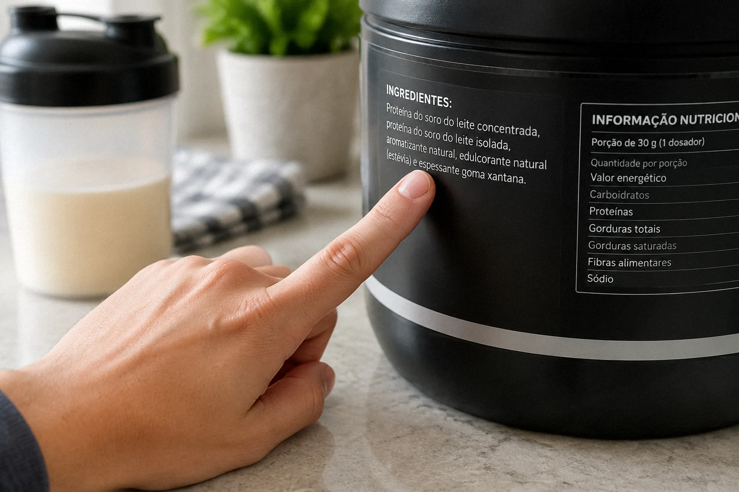 Pessoa examina com o dedo a lista de ingredientes no rótulo de uma embalagem de whey, enquadrada em close sobre a bancada.
